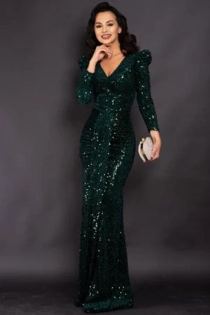 Rochie de seara eleganta Clarisse tip sirena din paiete verzi