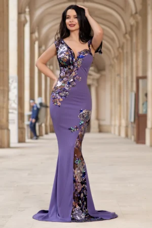 Rochie de seara tip sirena Kany lila cu model din paiete si flori pastelate