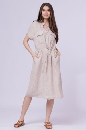 Rochie de vara midi din in cu buzunare si siret in talie