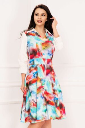Rochie de zi Agapia in clos cu print multicolor si maneci cu volanas