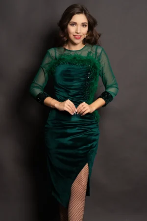 Rochie din catifea verde Noelia cu paiete si fulgi