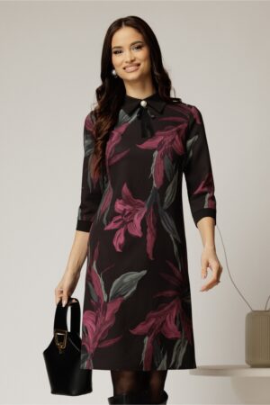 Rochie DY Fashion midi cu imprimeu negru si mov cu guler tip camasa