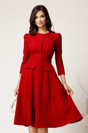 Rochie DY Fashion midi rosie din stofa clos cu nasturi si curea