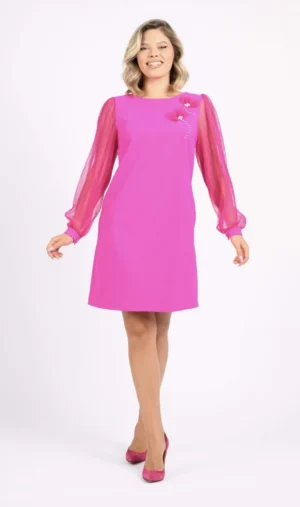 Rochie eleganta roz cu maneci din voal plisat