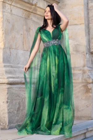 Rochie eleganta de seara Alessandra cu imprimeu tip pictura verde