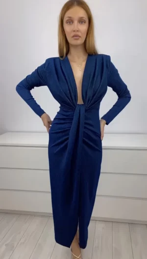 Rochie eleganta de culoare albastra cu sli pe picior