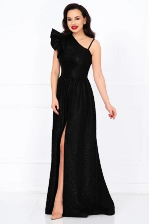 Rochie eleganta neagra Amanda din jacquard creponat