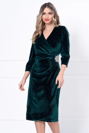 Rochie eleganta verde din catifea Caterina cu glitter si accesoriu argintiu in talie