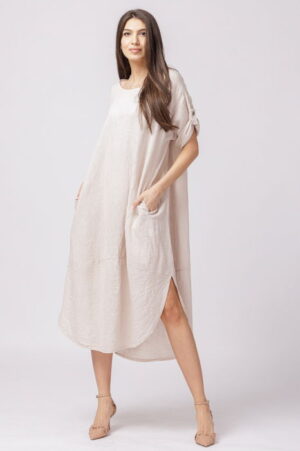 Rochie lalea oversize din in cu buzunare si crapaturi laterale rotunjite