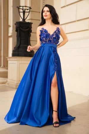 Rochie lunga Abigail royal de lux tip printesa din tafta cu flori 3D