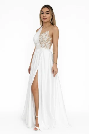 Rochie alba lunga din tull cu perle si broderie in partea superioara