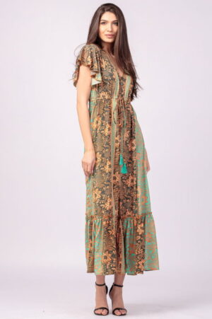 Rochie lunga cu volan si imprimeu floral