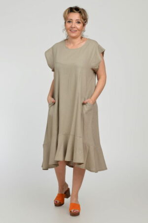 Rochie midi A-line din in mercerizat cu buzunare si volan