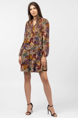 Rochie midi cu volane si imprimeu floral in nuante de toamna