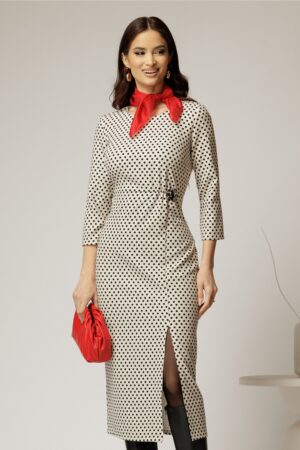 Rochie midi ivoar cu buline negre si detaliu pe talie