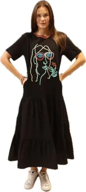 Rochie neagra din jerseu cu aplicatie grafica chip color si volan de poplin de bumbac