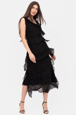 Rochie neagra din matase si vascoza cu  volane franjurate suprapuse