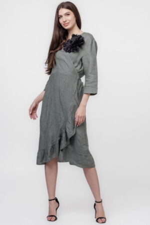 Rochie kaki petrecuta cu volan