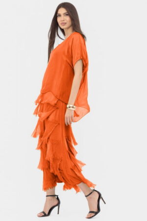 Rochie portocalie din matase si vascoza cu  volane franjurate suprapuse