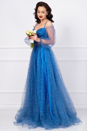 Rochie pretioasa Patrizia baby blue din tulle cu sclipici si margele