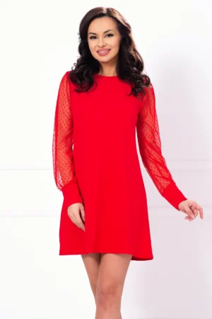 Rochie rosie lejera cu maneci din tulle cu buline