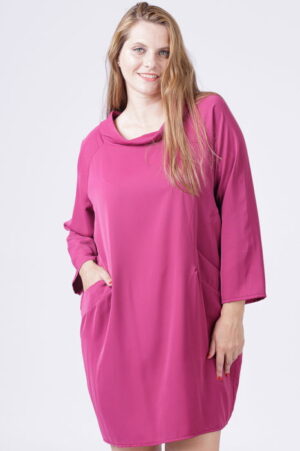 Rochie scurta mov zmeura cu guler intors si buzunare