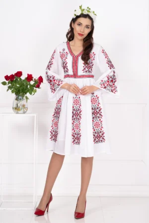 Rochie traditionala din bumbac Angelica cu broderie inspirata din folclor