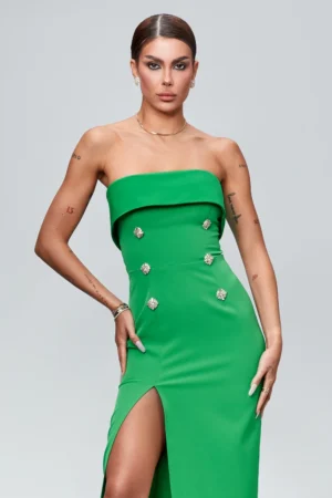 Rochie elegant verde midi cu volan la bust si slit pe picior