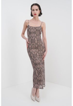 Rochie dreapta cu animal print si decolteu patrat - Maro inchis/Maro