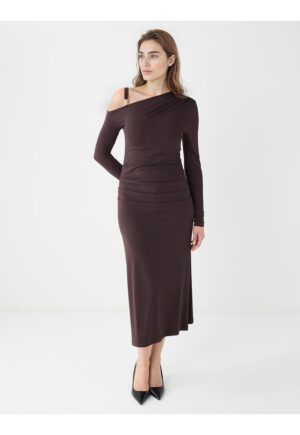 Rochie cambrata cu maneci lungi - Maro inchis