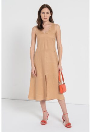 Rochie evazata cu decolteu in V - Bej