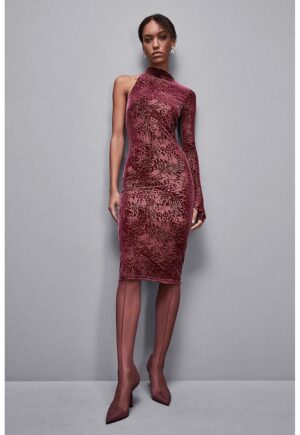 Rochie midi cu guler înalt și spatele gol - Rosu inchis