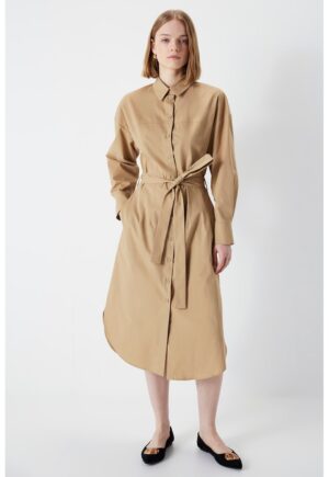 Rochie-camasa midi din bumbac cu cordon - Maro deschis