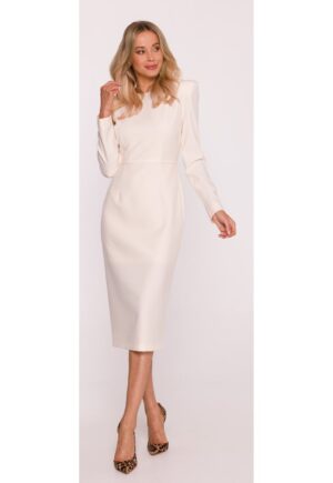 Rochie midi S412 - poliester - decolteu rotund - Alb ecru