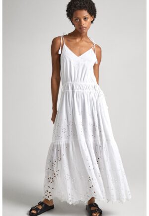 Rochie maxi din bumbac cu decolteu in V - Alb