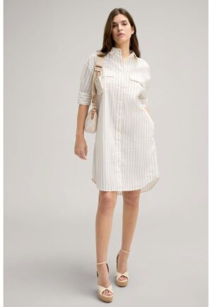 Rochie midi - tip cămașă cu imprimeu în dungi - Alb