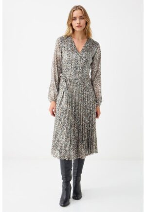 Rochie plisata cu animal print - Negru/Gri