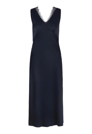 Rochie midi fara maneci cu decolteu in V si detalii tip dantela - Albastru inchis