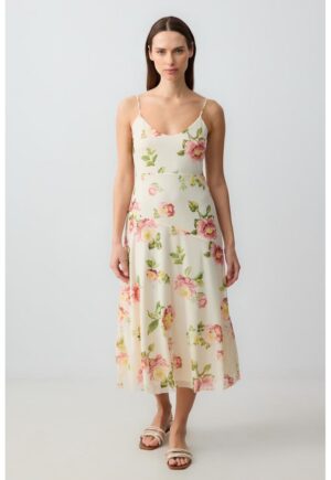 Rochie midi evazata cu bretele inguste - Roz/Bej deschis