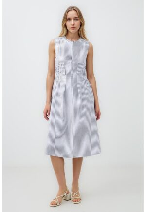 Rochie midi evazata de bumbac - Alb/Albastru inchis