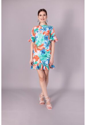Rochie mini cu imprimeu tropical - Alb/Portocaliu/Turcoaz