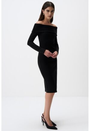 Rochie midi evazata cu decolteu pe umeri - Negru