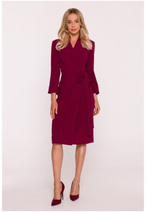 Rochie Midi - S415 bordo Decolteu in V - Guler Sal - Maneci 7/8 - Legatura in talie - Material neted cu finisaj moale - Partial captusita - Stil infasurat - Bordeaux