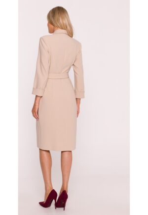 Rochie Midi S415 Beżowa Decolteu in V - Top mulat - Maneci 7/8 cu mansete - Talie cu curea - Bej