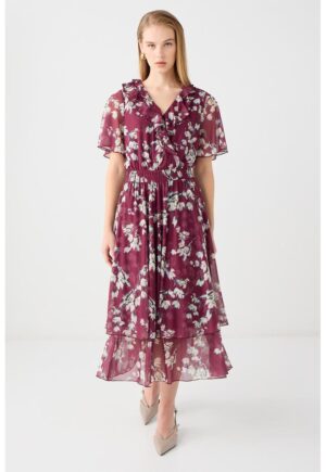 Rochie din sifon cu model stratificat - Alb/Visiniu/Negru