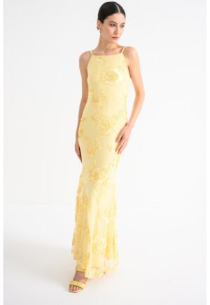 Rochie lunga cu broderie florala - Galben pai