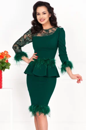 Rochie de ocazie verde Gardenia cu peplum si fulgi