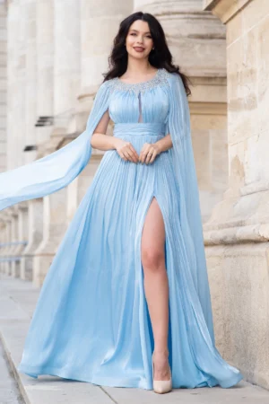 Rochie de seara eleganta Anubis bleu cu maneci trena si aplicatii pretioase