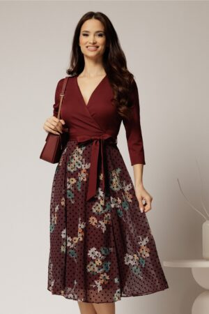 Rochie DY Fashion midi bordo cu decolteu petrecut si fusta din voal imprimat