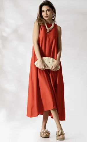 Rochie eleganta corai din vascoza cu buzunate laterale si croi in A